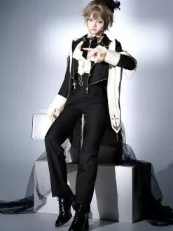 Ouji Lolita Dresses Gothic Black Classic Ruffles Cross Long Sleeves Shirt Overcoat Pants Sets