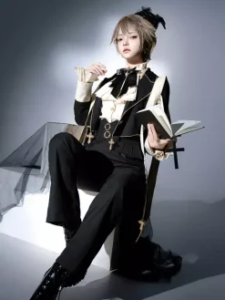 Ouji Lolita Dresses Gothic Black Classic Ruffles Cross Long Sleeves Shirt Overcoat Pants Sets