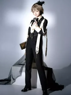 Ouji Lolita Dresses Gothic Black Classic Ruffles Cross Long Sleeves Shirt Overcoat Pants Sets