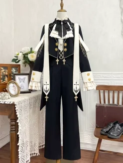 Ouji Lolita Dresses Gothic Black Classic Ruffles Cross Long Sleeves Shirt Overcoat Pants Sets