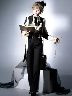 Ouji Lolita Dresses Gothic Black Classic Ruffles Cross Long Sleeves Shirt Overcoat Pants Sets