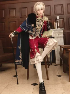 Ouji Lolita Dresses Knight Legion Red Cape Classic Ruffles Long Sleeves Top Pants Cape Sets