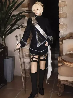 Ouji Lolita Outfit Gothic Black Long Sleeves Knight Top Pants Sets
