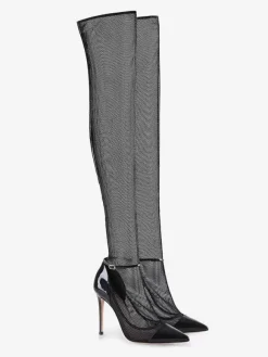 Over The Knee Boots Black Mesh Sexy Pointed Toe Thigh High Sandal Boots Boots