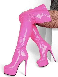 Over The Knee Boots Leather Platform Round Toe Bright Leather Zip Up High Heel Thigh High Boots