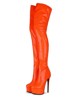Over The Knee Boots Leather Platform Round Toe Bright Leather Zip Up High Heel Thigh High Boots