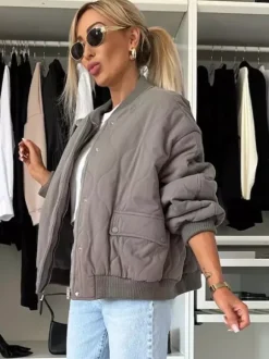 Oversized Black Quilted Bomber Jacket Padded Streetwear Coat For Women 2026