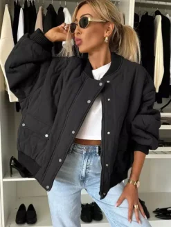 Oversized Black Quilted Bomber Jacket Padded Streetwear Coat For Women 2026