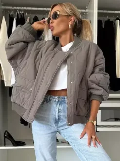 Oversized Black Quilted Bomber Jacket Padded Streetwear Coat For Women 2026