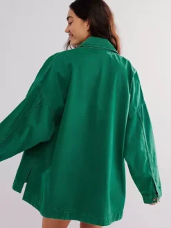 Oversized Denim Jacket For Women - Medium Wash Boyfriend Fit Side Slit Trucker Coat - Spring Daily Streetwear 2026