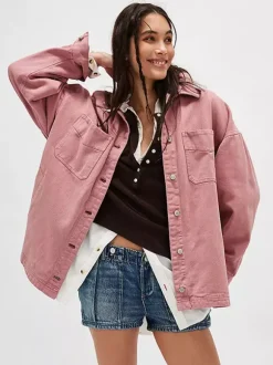 Oversized Denim Jacket For Women - Medium Wash Boyfriend Fit Side Slit Trucker Coat - Spring Daily Streetwear 2026