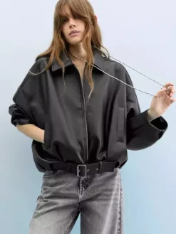 Oversized Faux Leather Bomber Jacket With Belt For Autumn 2026