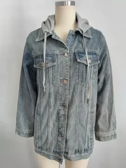 Oversized Hooded Denim Jacket For Women - Long Boyfriend Fit Distressed Jean Trucker Coat - Spring Chic Streetwear 2026