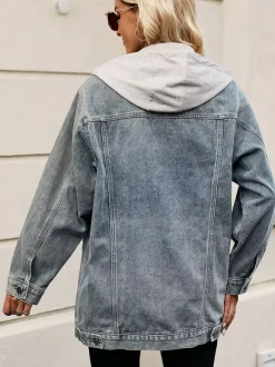 Oversized Hooded Denim Jacket For Women - Long Boyfriend Fit Distressed Jean Trucker Coat - Spring Chic Streetwear 2026