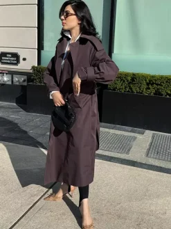 Oversized Trench Coat For Women - Chocolate Brown Chic Double Breasted Maxi Windbreaker - Spring Evening Out 2026