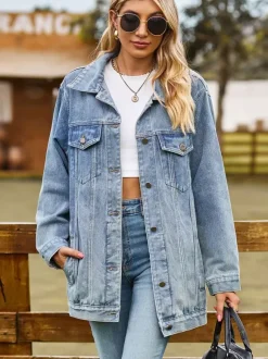 Oversized Denim Jacket For Women - Long Boyfriend Fit Distressed Jean Trucker Coat - Spring Chic Streetwear 2026
