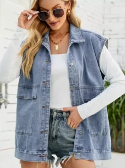 Oversized Denim Vest For Women - Vintage Long Distressed Sleeveless Jean Jacket Coat - Spring Summer Streetwear 2026