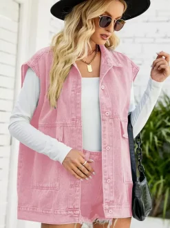 Oversized Denim Vest For Women - Vintage Long Distressed Sleeveless Jean Jacket Coat - Spring Summer Streetwear 2026