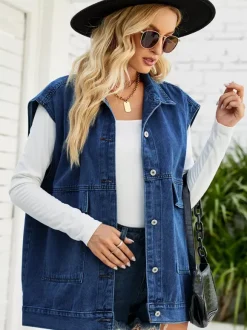 Oversized Denim Vest For Women - Vintage Long Distressed Sleeveless Jean Jacket Coat - Spring Summer Streetwear 2026
