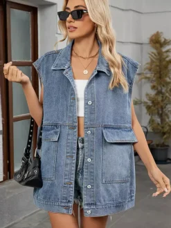 Oversized Denim Vest For Women - Vintage Long Distressed Sleeveless Jean Jacket Coat - Spring Summer Streetwear 2026