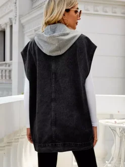 Oversized Hooded Denim Vest For Women - Longline Distressed Sleeveless Jean Jacket Coat - Spring Summer Streetwear 2026