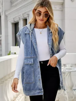 Oversized Hooded Denim Vest For Women - Longline Distressed Sleeveless Jean Jacket Coat - Spring Summer Streetwear 2026