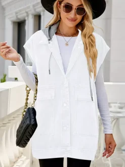 Oversized Hooded Denim Vest For Women - Longline Distressed Sleeveless Jean Jacket Coat - Spring Summer Streetwear 2026