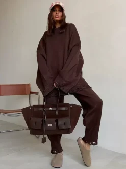 Oversized Knit 2 Piece Set For Women - Casual Distressed Sweater And Trousers - Spring Cozy Lounge Suit 2026