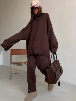 Oversized Knit 2 Piece Set For Women - Casual Distressed Sweater And Trousers - Spring Cozy Lounge Suit 2026