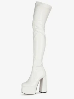 Over The Knee Boots Black Round Toe Chunky Heel High Heel Platform Bright Leather Winter Boots For Women
