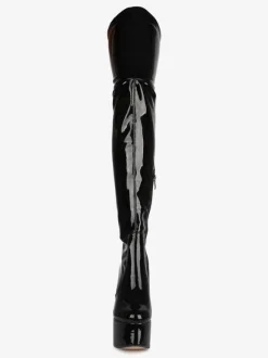 Over The Knee Boots Black Round Toe Chunky Heel High Heel Platform Bright Leather Winter Boots For Women