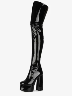 Over The Knee Boots Black Round Toe Chunky Heel High Heel Platform Bright Leather Winter Boots For Women