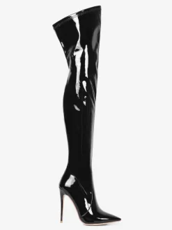 Over The Knee Boots Leather Black Pointed Toe Stiletto Heel Bright Leather Thigh High Boots