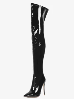 Over The Knee Boots Leather Black Pointed Toe Stiletto Heel Bright Leather Thigh High Boots