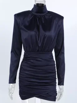Padded Shoulder Women's Ruched Bodycon Dress - Classy Mock Neck Satin Mini Dress - Quiet Luxury Spring Cocktails Outfit 2026