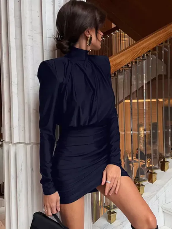 Padded Shoulder Women's Ruched Bodycon Dress - Classy Mock Neck Satin Mini Dress - Quiet Luxury Spring Cocktails Outfit 2026