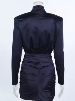 Padded Shoulder Women's Ruched Bodycon Dress - Classy Mock Neck Satin Mini Dress - Quiet Luxury Spring Cocktails Outfit 2026