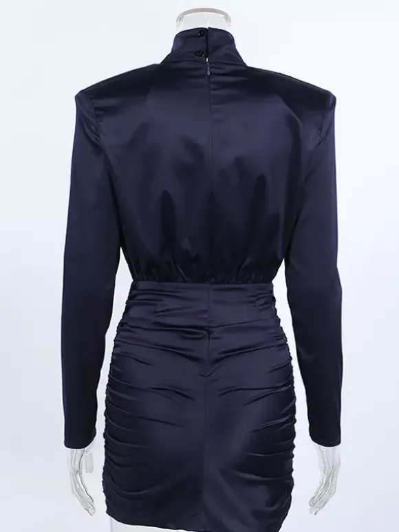 Padded Shoulder Women's Ruched Bodycon Dress - Classy Mock Neck Satin Mini Dress - Quiet Luxury Spring Cocktails Outfit 2026