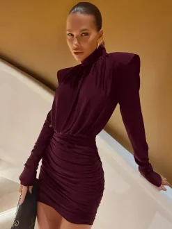 Padded Shoulder Women's Ruched Bodycon Dress - Classy Mock Neck Satin Mini Dress - Quiet Luxury Spring Cocktails Outfit 2026