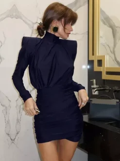 Padded Shoulder Women's Ruched Bodycon Dress - Classy Mock Neck Satin Mini Dress - Quiet Luxury Spring Cocktails Outfit 2026