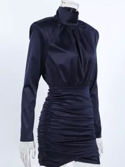 Padded Shoulder Women's Ruched Bodycon Dress - Classy Mock Neck Satin Mini Dress - Quiet Luxury Spring Cocktails Outfit 2026