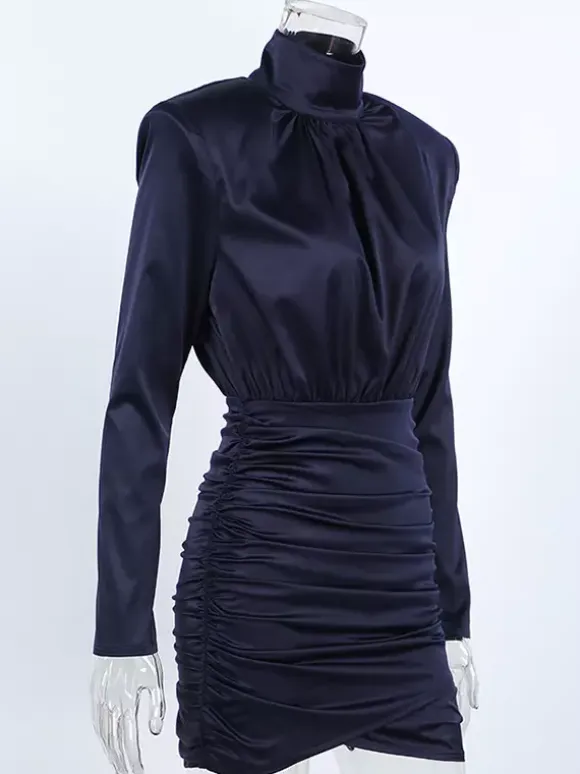 Padded Shoulder Women's Ruched Bodycon Dress - Classy Mock Neck Satin Mini Dress - Quiet Luxury Spring Cocktails Outfit 2026