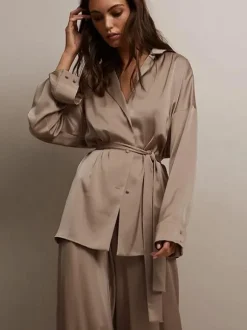 Pajama Sets Coffee Brown Sash Indoor Oversized Silk-like Lingerie