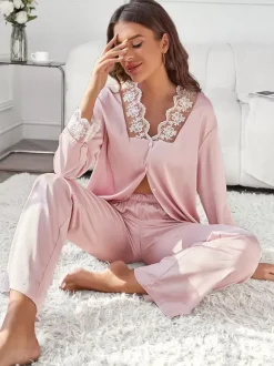 Pajama Sets Pink Silk-like Two-Tone Lace Indoor Lingerie