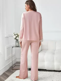 Pajama Sets Pink Silk-like Two-Tone Lace Indoor Lingerie