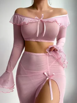 Pajama Sets Purple Lace Up Pink Sheer Mesh 2-Piece Lingerie Sets