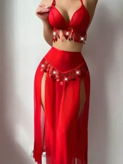 Pajama Sets Red Polyester Layered Fringe Indoor 3-Piece Lingerie