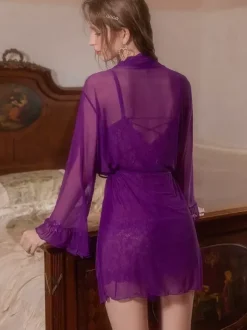 Pajamas Sleepwear Robes Purple Sash Layered Indoor Lingerie Sheer Chiffon Robe