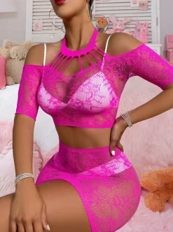Pajama Sets Black Dating Nylon 2-Piece Sheer Fishnet See-Through Mesh Lingerie