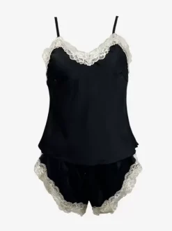Pajama Sets Black Silk-like Two-Tone Indoor Lingerie